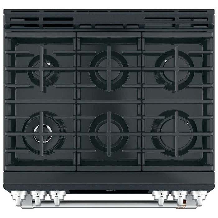 Cafe CCGS700P3MD1 Gas Range, 5.6 cu. ft. Capacity, 30 inch Exterior Width, Self Clean, True Convection, 6 Burners, Storage Drawer, Air Fry, 21,000 BTU Highest Burner, Matte Black colour True European Convection, Self Clean Racks