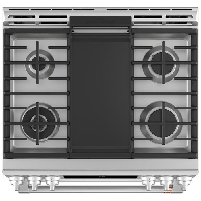 Cafe CCGS750P2MS1 Gas Range, 7 cu. ft. Capacity, 30 inch Exterior Width, Self Clean, True Convection, 6 Burners, Air Fry, 21,000 BTU Highest Burner, Double Oven, Stainless Steel colour True European Convection, Self Clean Racks, Griddle