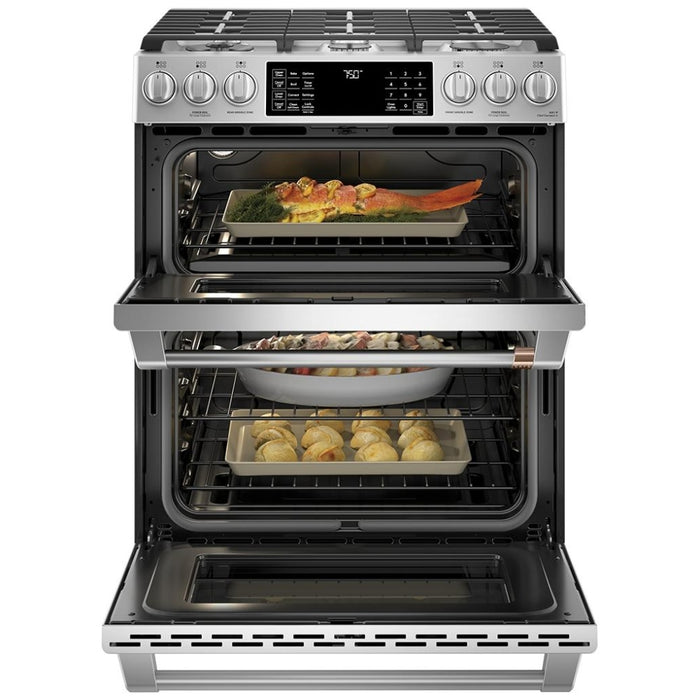 Cafe CCGS750P2MS1 Gas Range, 7 cu. ft. Capacity, 30 inch Exterior Width, Self Clean, True Convection, 6 Burners, Air Fry, 21,000 BTU Highest Burner, Double Oven, Stainless Steel colour True European Convection, Self Clean Racks, Griddle