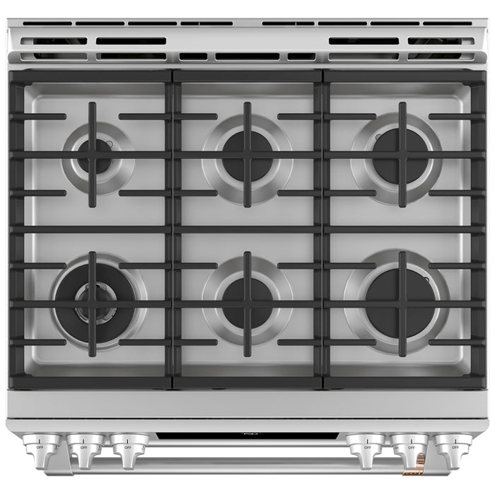Cafe CCGS750P2MS1 Gas Range, 7 cu. ft. Capacity, 30 inch Exterior Width, Self Clean, True Convection, 6 Burners, Air Fry, 21,000 BTU Highest Burner, Double Oven, Stainless Steel colour True European Convection, Self Clean Racks, Griddle