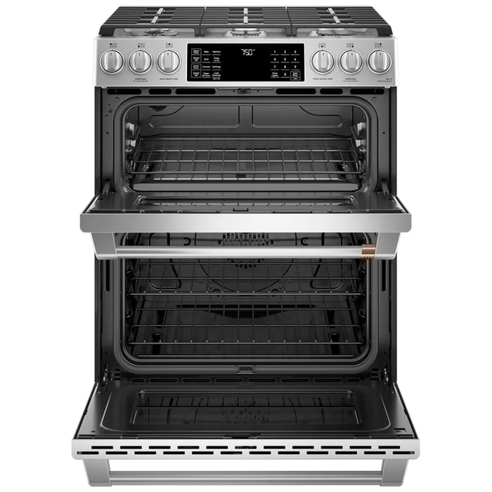 Cafe CCGS750P2MS1 Gas Range, 7 cu. ft. Capacity, 30 inch Exterior Width, Self Clean, True Convection, 6 Burners, Air Fry, 21,000 BTU Highest Burner, Double Oven, Stainless Steel colour True European Convection, Self Clean Racks, Griddle