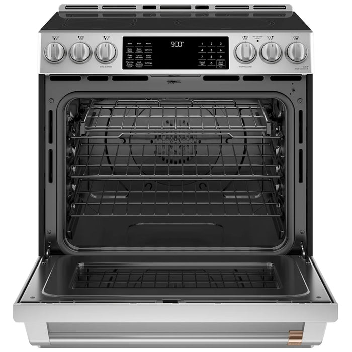 Cafe CCHS900P2MS1 Induction Range, 5.7 cu. ft. Capacity, 30 inch Exterior Width, Convection, 5 Burners, Warming Drawer, Air Fry, 3,700 Watts Highest Burner Element, Stainless Steel, Telescopic Gliding Extension Rack, Temperature Probe, Self Clean Racks