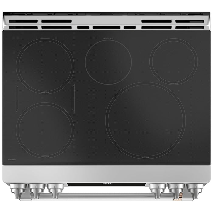 Cafe CCHS900P2MS1 Induction Range, 5.7 cu. ft. Capacity, 30 inch Exterior Width, Convection, 5 Burners, Warming Drawer, Air Fry, 3,700 Watts Highest Burner Element, Stainless Steel, Telescopic Gliding Extension Rack, Temperature Probe, Self Clean Racks