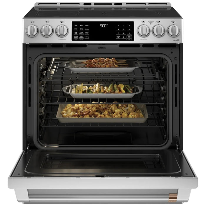 Cafe CCHS900P2MS1 Induction Range, 5.7 cu. ft. Capacity, 30 inch Exterior Width, Convection, 5 Burners, Warming Drawer, Air Fry, 3,700 Watts Highest Burner Element, Stainless Steel, Telescopic Gliding Extension Rack, Temperature Probe, Self Clean Racks