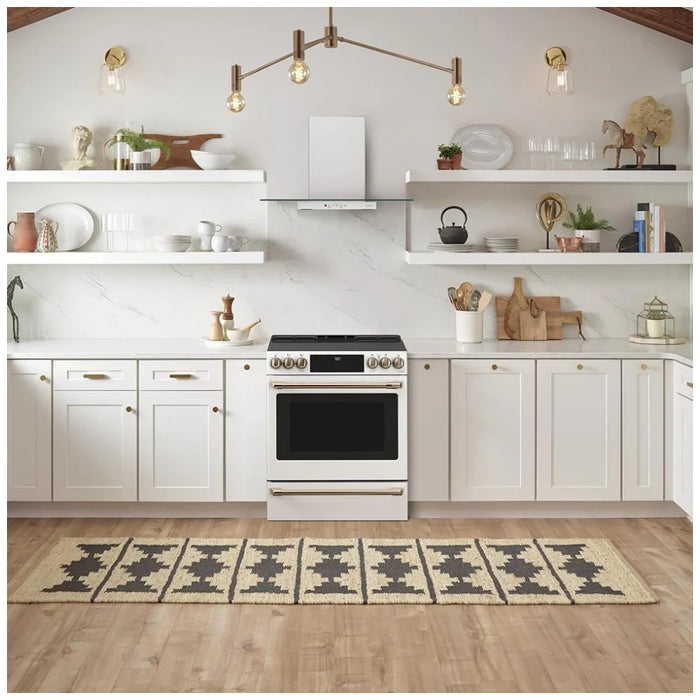 Cafe CCHS900P4MW2 Induction Range, 5.7 cu. ft. Capacity, 30 inch Exterior Width, True Convection, 5 Burners, Warming Drawer, Air Fry, Self Clean, 3,700 Watts Highest Burner Element, Matte White colour Telescopic Gliding Extension Rack, Temperature Probe