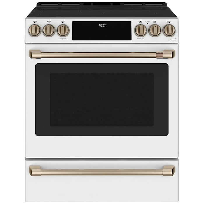 Cafe CCHS900P4MW2 Induction Range, 5.7 cu. ft. Capacity, 30 inch Exterior Width, True Convection, 5 Burners, Warming Drawer, Air Fry, Self Clean, 3,700 Watts Highest Burner Element, Matte White colour Telescopic Gliding Extension Rack, Temperature Probe