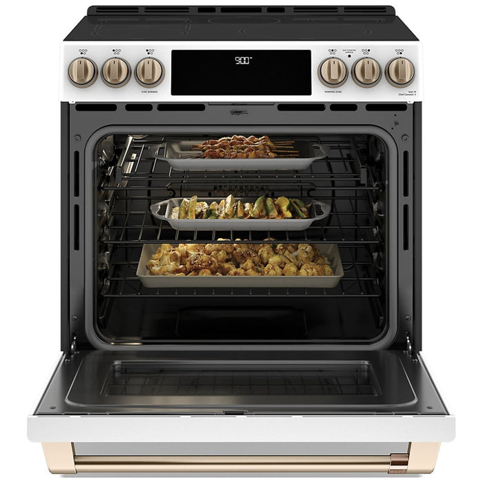 Cafe CCHS900P4MW2 Induction Range, 5.7 cu. ft. Capacity, 30 inch Exterior Width, True Convection, 5 Burners, Warming Drawer, Air Fry, Self Clean, 3,700 Watts Highest Burner Element, Matte White colour Telescopic Gliding Extension Rack, Temperature Probe