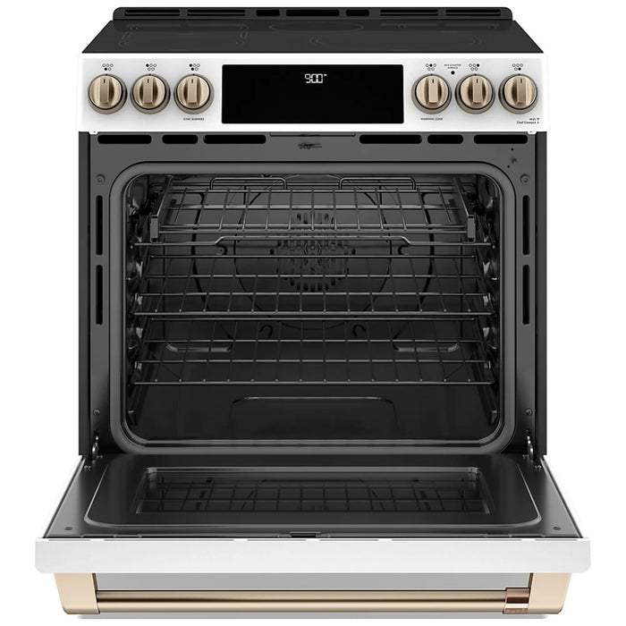 Cafe CCHS900P4MW2 Induction Range, 5.7 cu. ft. Capacity, 30 inch Exterior Width, True Convection, 5 Burners, Warming Drawer, Air Fry, Self Clean, 3,700 Watts Highest Burner Element, Matte White colour Telescopic Gliding Extension Rack, Temperature Probe