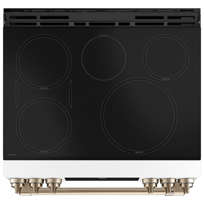 Cafe CCHS900P4MW2 Induction Range, 5.7 cu. ft. Capacity, 30 inch Exterior Width, True Convection, 5 Burners, Warming Drawer, Air Fry, Self Clean, 3,700 Watts Highest Burner Element, Matte White colour Telescopic Gliding Extension Rack, Temperature Probe