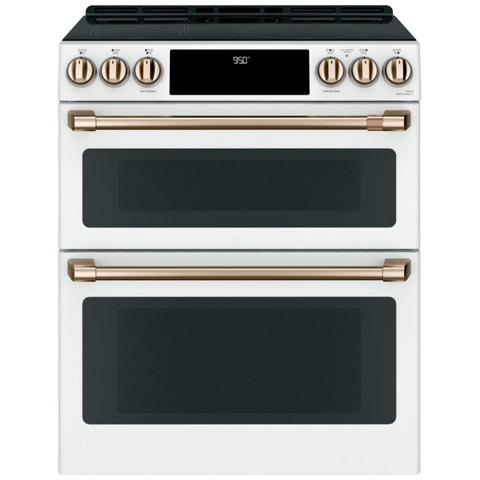 Cafe CCHS950P4MW2 Induction Range, 7 cu. ft. Capacity, 30 inch Exterior Width, Convection, 5 Burners, Air Fry, Self Clean, Double Oven, 3,700 Watts Highest Burner Element, Matte White colour, SmartHQ™, Temperature Probe, Self Clean Racks