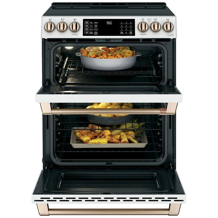 Cafe CCHS950P4MW2 Induction Range, 7 cu. ft. Capacity, 30 inch Exterior Width, Convection, 5 Burners, Air Fry, Self Clean, Double Oven, 3,700 Watts Highest Burner Element, Matte White colour, SmartHQ™, Temperature Probe, Self Clean Racks