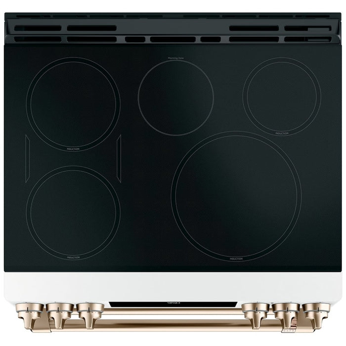 Cafe CCHS950P4MW2 Induction Range, 7 cu. ft. Capacity, 30 inch Exterior Width, Convection, 5 Burners, Air Fry, Self Clean, Double Oven, 3,700 Watts Highest Burner Element, Matte White colour, SmartHQ™, Temperature Probe, Self Clean Racks