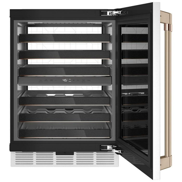 Cafe CCP06DP4PW2 Wine Cooler Under Counter Wine Refrigeration, 24 inch Width, 46 Wine Bottle Capacity, Matte White colour 6 Full Extension Racks, LED Light Wall, Electronic Controls, Smart Technology, Built-In WiFi; Dual Zone