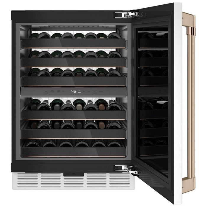 Cafe CCP06DP4PW2 Wine Cooler Under Counter Wine Refrigeration, 24 inch Width, 46 Wine Bottle Capacity, Matte White colour 6 Full Extension Racks, LED Light Wall, Electronic Controls, Smart Technology, Built-In WiFi; Dual Zone