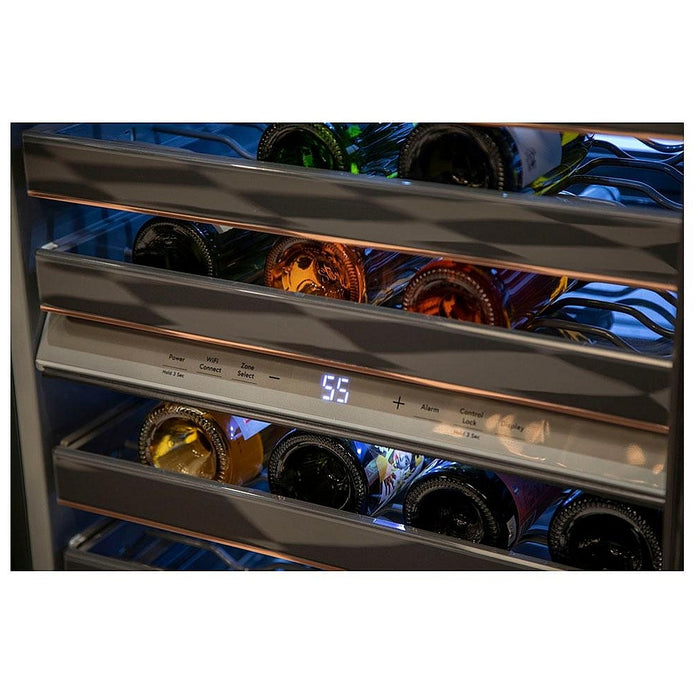 Cafe CCP06DP4PW2 Wine Cooler Under Counter Wine Refrigeration, 24 inch Width, 46 Wine Bottle Capacity, Matte White colour 6 Full Extension Racks, LED Light Wall, Electronic Controls, Smart Technology, Built-In WiFi; Dual Zone
