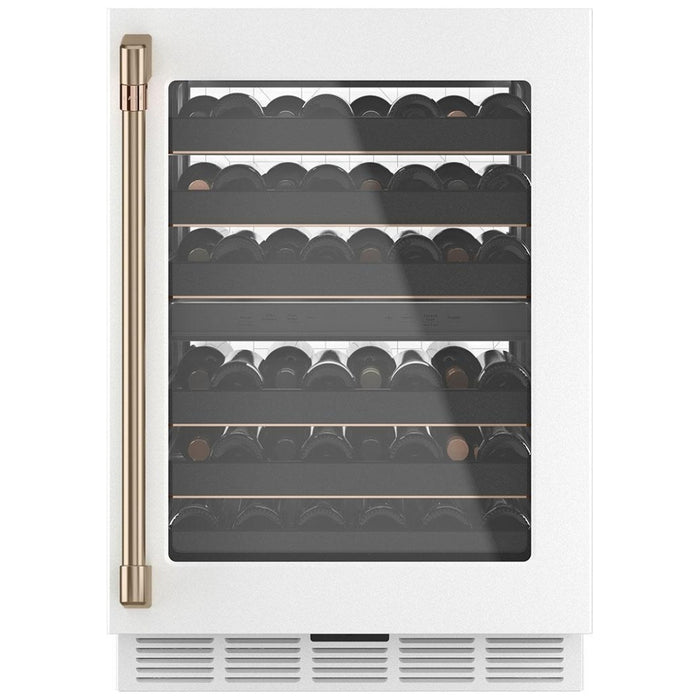 Cafe CCP06DP4PW2 Wine Cooler Under Counter Wine Refrigeration, 24 inch Width, 46 Wine Bottle Capacity, Matte White colour 6 Full Extension Racks, LED Light Wall, Electronic Controls, Smart Technology, Built-In WiFi; Dual Zone