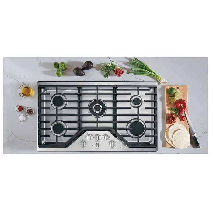Cafe CGP95362MS1 Gas Cooktop, 36 inch Exterior Width, 5 Burners, 20,000 BTU Highest Burner, Stainless Steel colour