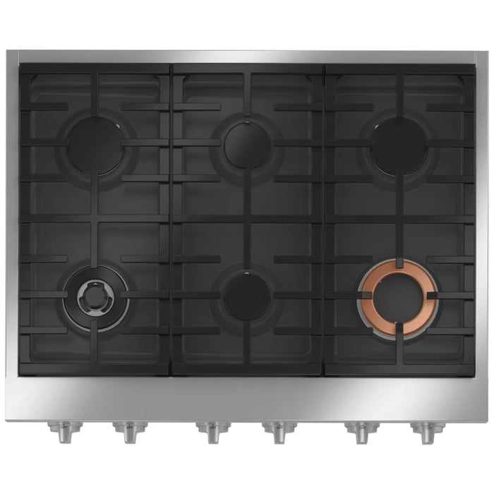 Cafe CGU366P2TS1 Gas Cooktop, 36 inch Exterior Width, 6 Burners, 21,000 BTU Highest Burner, Stainless Steel colour Continuous Grates, Tri-Ring Burner, Two Griddle Burners, Two High-Heat Burners, Inspiral™ Wok Grate, CSA Certified