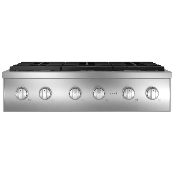 Cafe CGU366P2TS1 Gas Cooktop, 36 inch Exterior Width, 6 Burners, 21,000 BTU Highest Burner, Stainless Steel colour Continuous Grates, Tri-Ring Burner, Two Griddle Burners, Two High-Heat Burners, Inspiral™ Wok Grate, CSA Certified