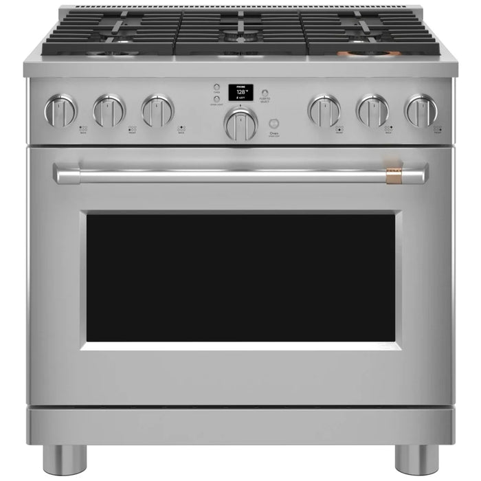 Cafe CGY366P2TS1 Gas Range, 6.2 cu. ft. Capacity, 36 inch Exterior Width, Self Clean, Convection, 6 Burners, Air Fry, 21,000 BTU Highest Burner, Stainless Steel colour, SmartHQ™ Temperature Probe, Telescopic Gliding Extension Rack