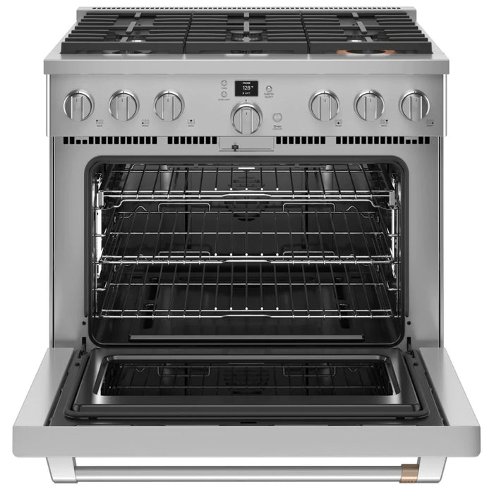 Cafe CGY366P2TS1 Gas Range, 6.2 cu. ft. Capacity, 36 inch Exterior Width, Self Clean, Convection, 6 Burners, Air Fry, 21,000 BTU Highest Burner, Stainless Steel colour, SmartHQ™ Temperature Probe, Telescopic Gliding Extension Rack