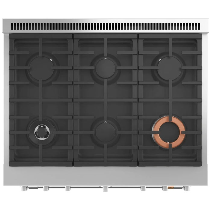 Cafe CGY366P2TS1 Gas Range, 6.2 cu. ft. Capacity, 36 inch Exterior Width, Self Clean, Convection, 6 Burners, Air Fry, 21,000 BTU Highest Burner, Stainless Steel colour, SmartHQ™ Temperature Probe, Telescopic Gliding Extension Rack