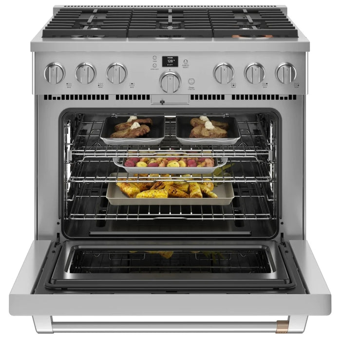 Cafe CGY366P2TS1 Gas Range, 6.2 cu. ft. Capacity, 36 inch Exterior Width, Self Clean, Convection, 6 Burners, Air Fry, 21,000 BTU Highest Burner, Stainless Steel colour, SmartHQ™ Temperature Probe, Telescopic Gliding Extension Rack