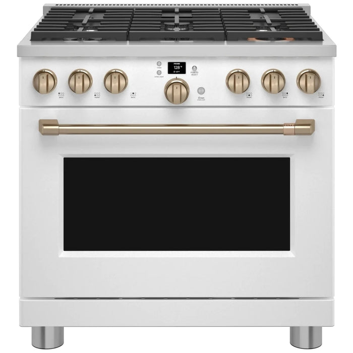 Cafe CGY366P4TW2 Gas Range, 6.2 cu. ft. Capacity, 36 inch Exterior Width, Self Clean, Convection, 6 Burners, 21,000 BTU Highest Burner, Matte White colour, SmartHQ™ Telescopic Gliding Extension Rack, Temperature Probe