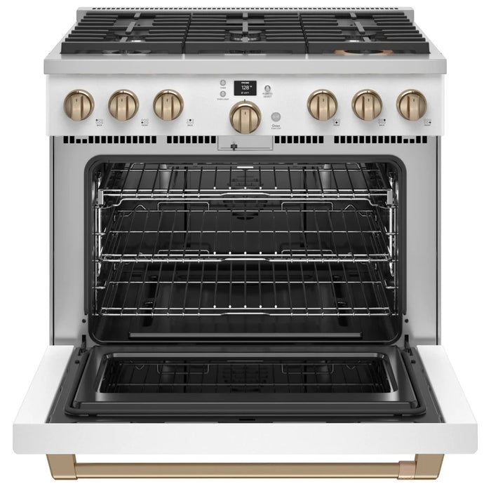 Cafe CGY366P4TW2 Gas Range, 6.2 cu. ft. Capacity, 36 inch Exterior Width, Self Clean, Convection, 6 Burners, 21,000 BTU Highest Burner, Matte White colour, SmartHQ™ Telescopic Gliding Extension Rack, Temperature Probe