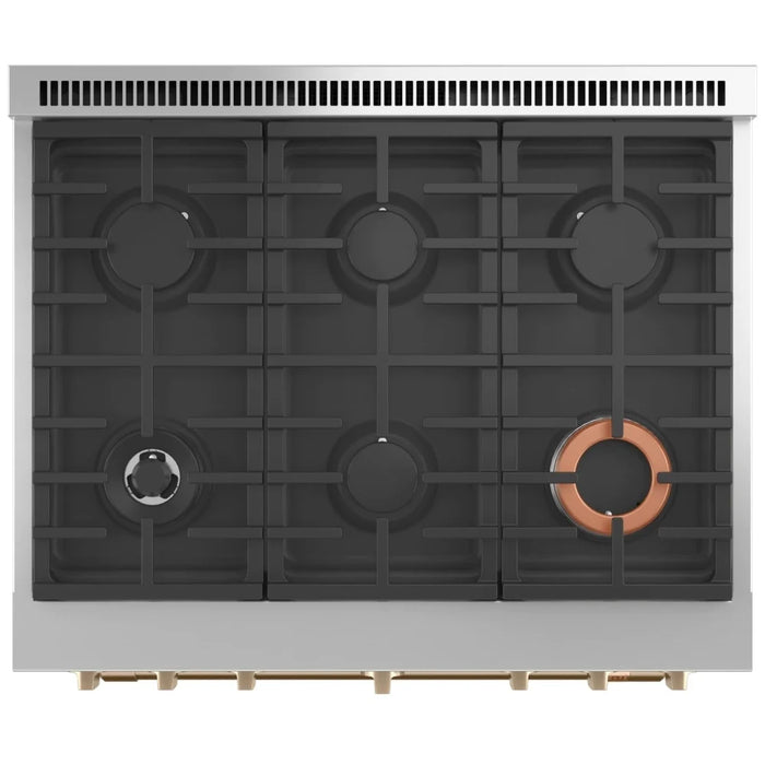 Cafe CGY366P4TW2 Gas Range, 6.2 cu. ft. Capacity, 36 inch Exterior Width, Self Clean, Convection, 6 Burners, 21,000 BTU Highest Burner, Matte White colour, SmartHQ™ Telescopic Gliding Extension Rack, Temperature Probe