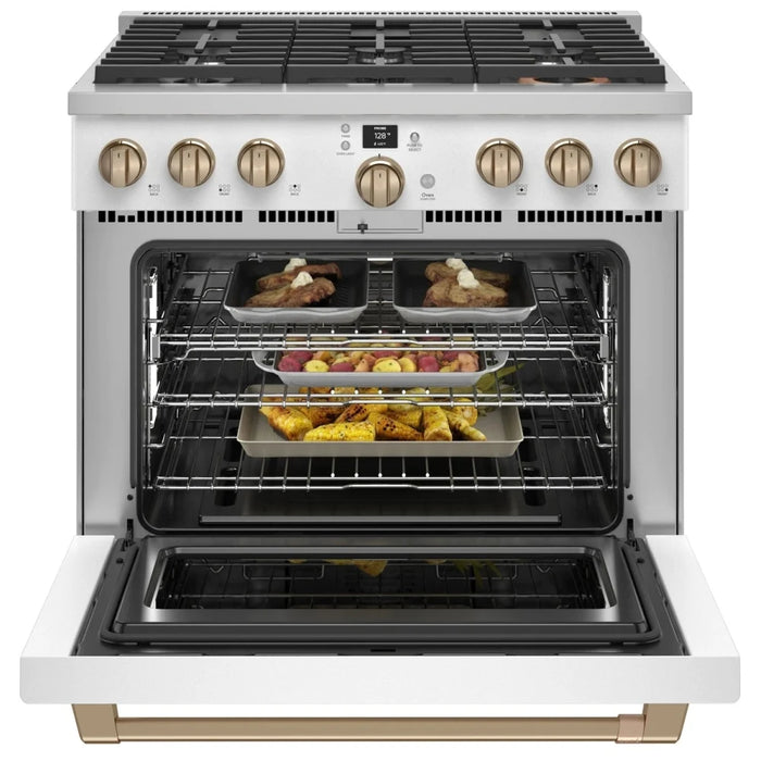 Cafe CGY366P4TW2 Gas Range, 6.2 cu. ft. Capacity, 36 inch Exterior Width, Self Clean, Convection, 6 Burners, 21,000 BTU Highest Burner, Matte White colour, SmartHQ™ Telescopic Gliding Extension Rack, Temperature Probe