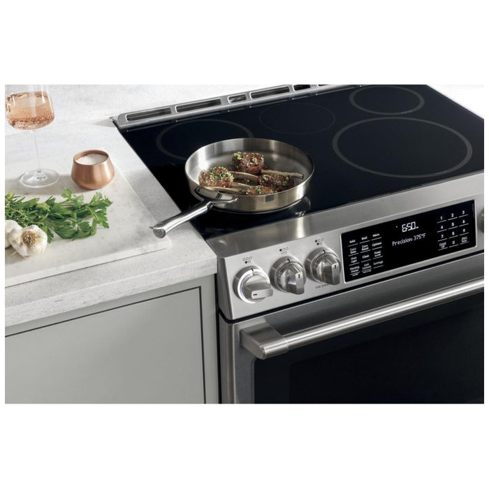 Cafe CHS90XP2MS1 Induction Range, 5.7 cu. ft. Capacity, 30 inch Exterior Width, True Convection, 5 Burners, Warming Drawer, Air Fry, Self Clean, 3,700 Watts Highest Burner Element, Stainless Steel colour In-Oven Camera, Temperature Probe, Self Clean Racks