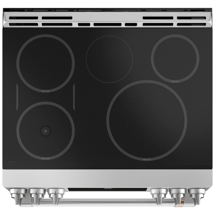 Cafe CHS90XP2MS1 Induction Range, 5.7 cu. ft. Capacity, 30 inch Exterior Width, True Convection, 5 Burners, Warming Drawer, Air Fry, Self Clean, 3,700 Watts Highest Burner Element, Stainless Steel colour In-Oven Camera, Temperature Probe, Self Clean Racks