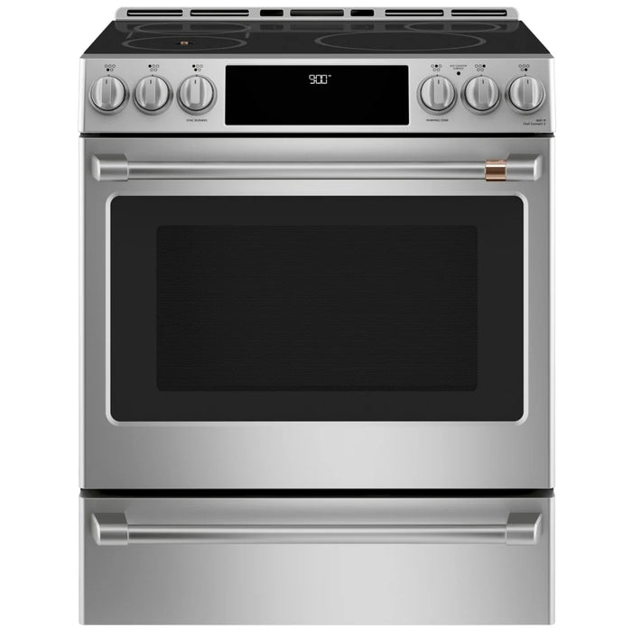 Cafe CHS90XP2MS1 Induction Range, 5.7 cu. ft. Capacity, 30 inch Exterior Width, True Convection, 5 Burners, Warming Drawer, Air Fry, Self Clean, 3,700 Watts Highest Burner Element, Stainless Steel colour In-Oven Camera, Temperature Probe, Self Clean Racks