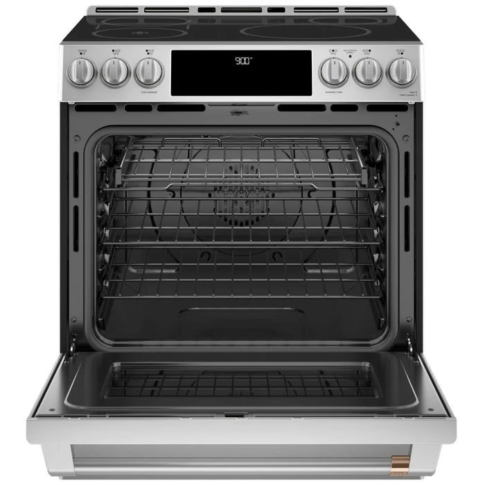 Cafe CHS90XP2MS1 Induction Range, 5.7 cu. ft. Capacity, 30 inch Exterior Width, True Convection, 5 Burners, Warming Drawer, Air Fry, Self Clean, 3,700 Watts Highest Burner Element, Stainless Steel colour In-Oven Camera, Temperature Probe, Self Clean Racks