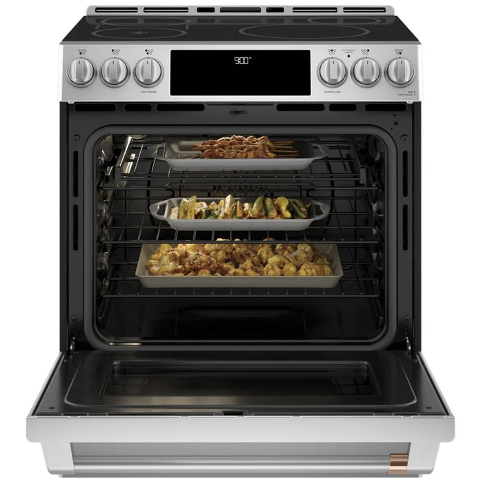 Cafe CHS90XP2MS1 Induction Range, 5.7 cu. ft. Capacity, 30 inch Exterior Width, True Convection, 5 Burners, Warming Drawer, Air Fry, Self Clean, 3,700 Watts Highest Burner Element, Stainless Steel colour In-Oven Camera, Temperature Probe, Self Clean Racks