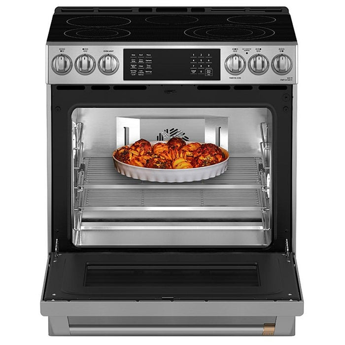 Cafe CRS70XAWCS1 Electric Range, 5.7 cu. ft. Capacity, 30 inch Exterior Width, True Convection, 5 Burners, Warming Drawer, Air Fry, Self Clean, Stainless Steel colour, TEON™ Coating