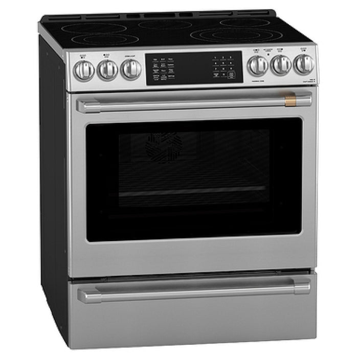 Cafe CRS70XAWCS1 Electric Range, 5.7 cu. ft. Capacity, 30 inch Exterior Width, True Convection, 5 Burners, Warming Drawer, Air Fry, Self Clean, Stainless Steel colour, TEON™ Coating