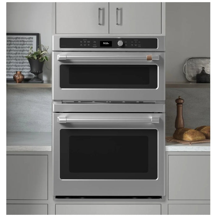 Cafe CTC912P2NS1 Microwave Wall Oven Combo, 30 inch Exterior Width, True Convection, One Oven Self Clean, 6.7 cu. ft. Capacity, Temperature Probe, Stainless Steel colour True European Convection, Telescopic Gliding Extension Rack