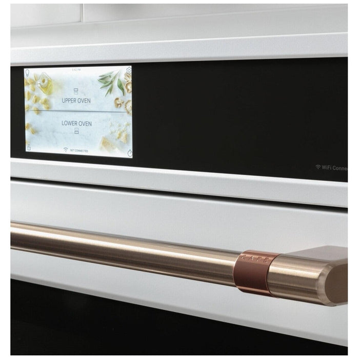 Cafe CTD90DP4NW2 Double Wall Oven, 30 inch Exterior Width, True Convection (Both Ovens), Both Ovens Self Clean, 10 cu. ft. Capacity, Temperature Probe, Wifi Enabled, Matte White colour Air Fry ; True European Convection; Telescopic Gliding Extension Rack