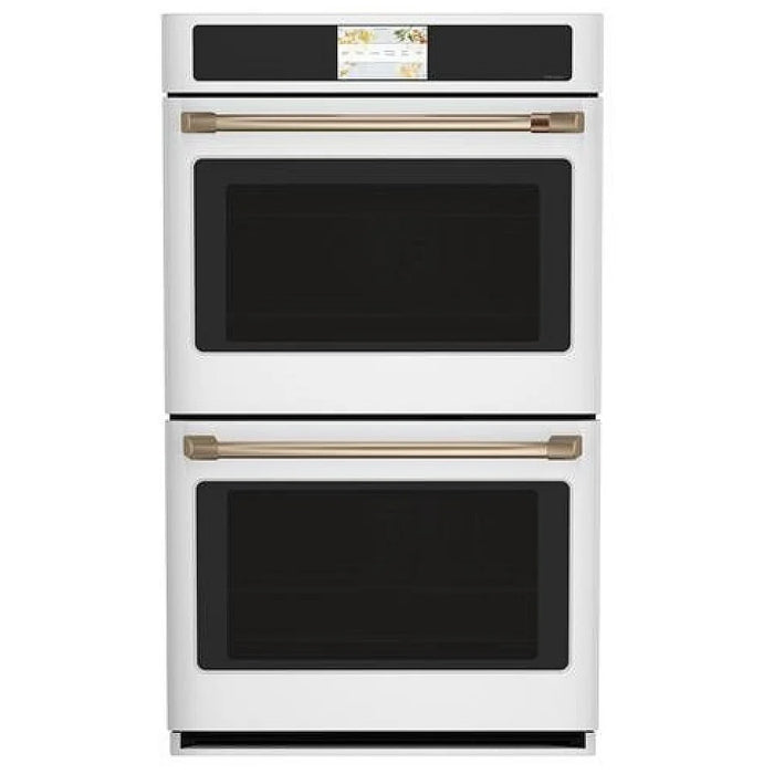 Cafe CTD90DP4NW2 Double Wall Oven, 30 inch Exterior Width, True Convection (Both Ovens), Both Ovens Self Clean, 10 cu. ft. Capacity, Temperature Probe, Wifi Enabled, Matte White colour Air Fry ; True European Convection; Telescopic Gliding Extension Rack
