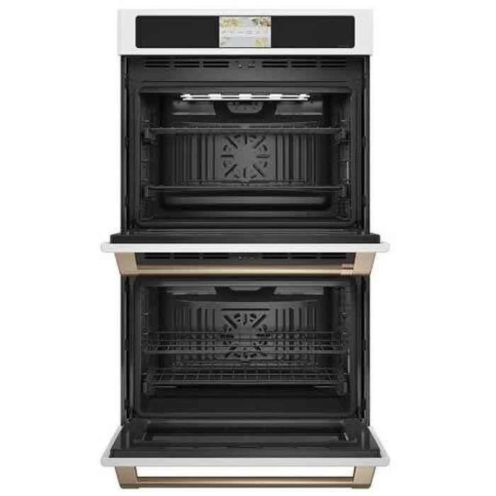Cafe CTD90DP4NW2 Double Wall Oven, 30 inch Exterior Width, True Convection (Both Ovens), Both Ovens Self Clean, 10 cu. ft. Capacity, Temperature Probe, Wifi Enabled, Matte White colour Air Fry ; True European Convection; Telescopic Gliding Extension Rack