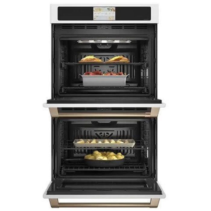 Cafe CTD90DP4NW2 Double Wall Oven, 30 inch Exterior Width, True Convection (Both Ovens), Both Ovens Self Clean, 10 cu. ft. Capacity, Temperature Probe, Wifi Enabled, Matte White colour Air Fry ; True European Convection; Telescopic Gliding Extension Rack