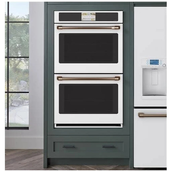 Cafe CTD90DP4NW2 Double Wall Oven, 30 inch Exterior Width, True Convection (Both Ovens), Both Ovens Self Clean, 10 cu. ft. Capacity, Temperature Probe, Wifi Enabled, Matte White colour Air Fry ; True European Convection; Telescopic Gliding Extension Rack