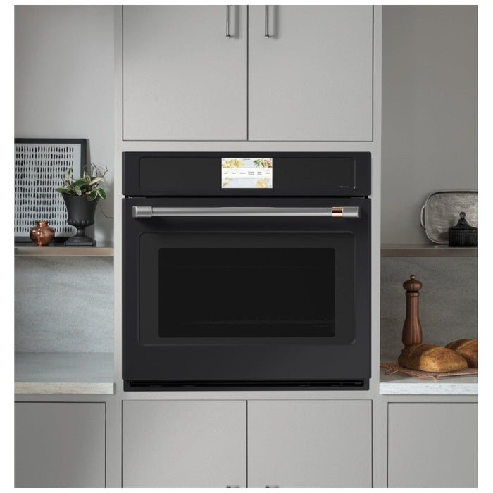 Cafe CTS90DP3ND1 Single Wall Oven, 30 inch Exterior Width, True Convection, Self Clean, 5 cu. ft. Capacity, Wifi Enabled, Air Fry, Matte Black colour Air Fry, In-Oven Camera, Telescopic Gliding Extension Rack, Soft Close Door, True European Convection