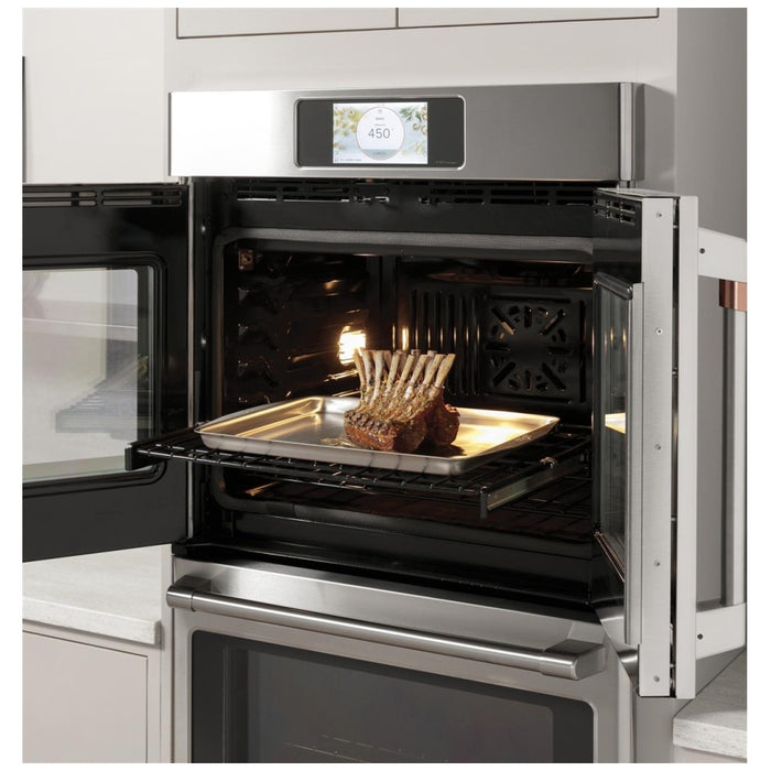 Cafe CTS90FP3ND1 Single Wall Oven, 30 inch Exterior Width, True Convection, Self Clean, 5 cu. ft. Capacity, Temperature Probe, Wifi Enabled, Air Fry, Matte Black colour True European Convection, Air Fry, Telescopic Gliding Extension Rack