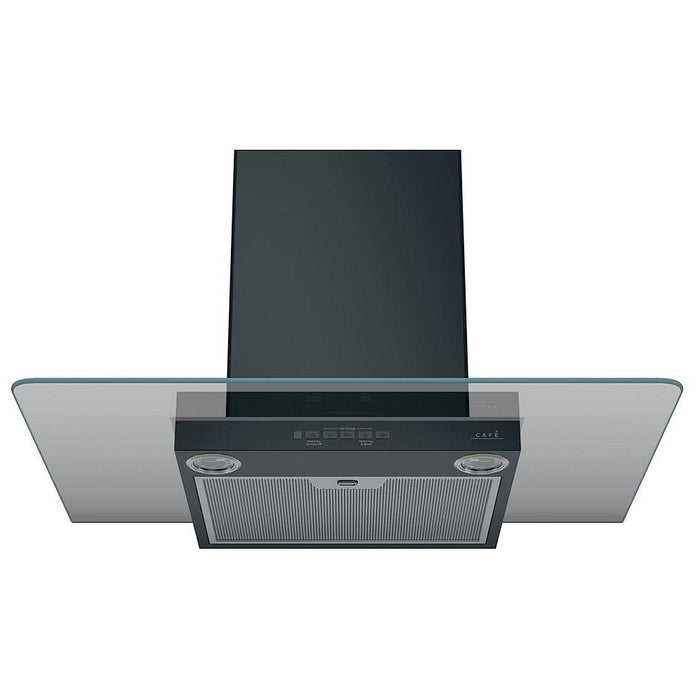 Cafe CVW73013MDS Range Hood, 30 inch Exterior Width, Canopy, Wall Mounted, 350 CFM, Inside / Recirculating, Halogen , Dishwasher Safe Filters, Aluminum Mesh, Matte Black colour Blower Included