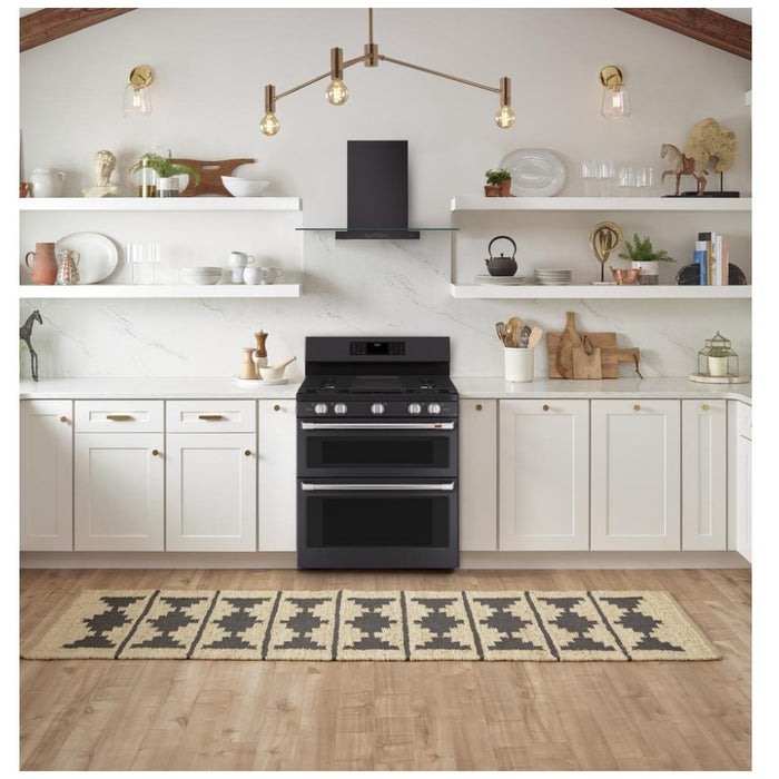 Cafe CVW73013MDS Range Hood, 30 inch Exterior Width, Canopy, Wall Mounted, 350 CFM, Inside / Recirculating, Halogen , Dishwasher Safe Filters, Aluminum Mesh, Matte Black colour Blower Included