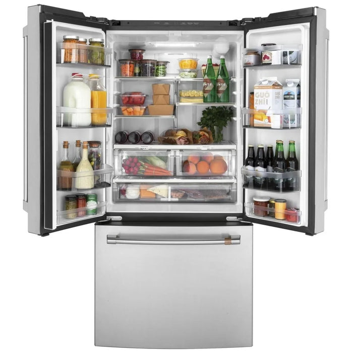 Cafe CWE19SP2NS1 French Door Refrigerator, 33 inch Width, ENERGY STAR Certified, 18.6 cu. ft. Capacity, Counter Depth, Water Dispenser (Interior), Ice Dispenser (Freezer Located), Stainless Steel colour Turbo Cool, Quick Space Shelves