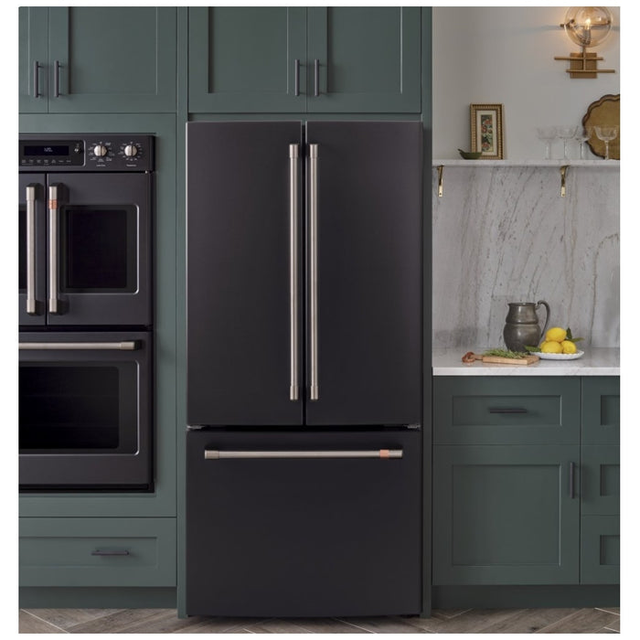 Cafe CWE19SP3ND1 French Door Refrigerator, 33 inch Width, ENERGY STAR Certified, 18.6 cu. ft. Capacity, Counter Depth, Water Dispenser (Interior), Ice Dispenser (Freezer Located), Matte Black colour Quick Space Shelves